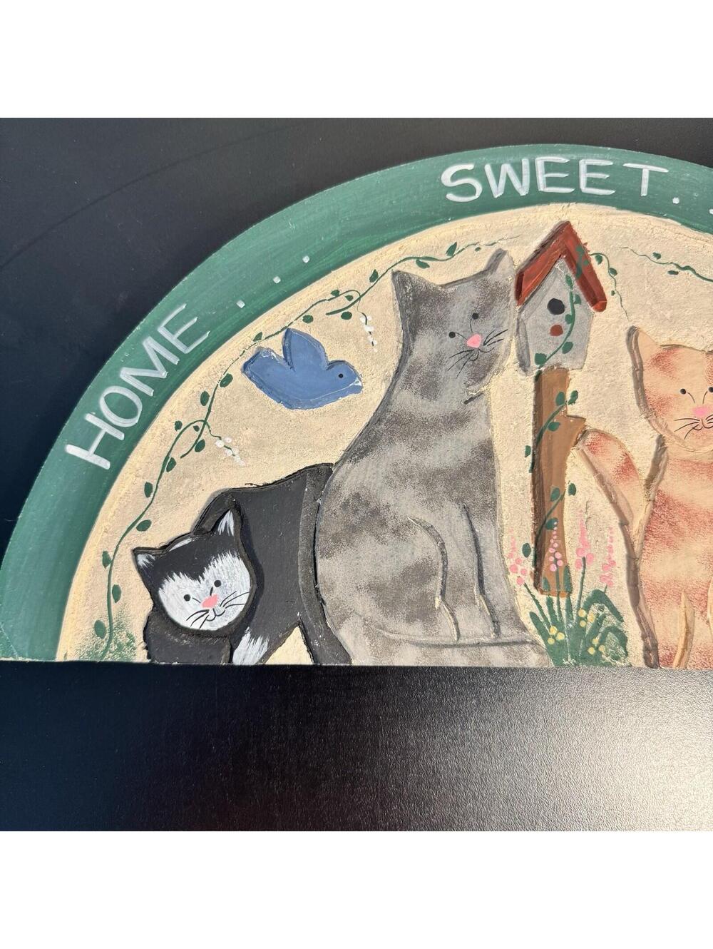 Vtg Wood Sign Welcome Hand Painted Kitty Cat Flowers Country Decor Home Sweet - Picture 2 of 9